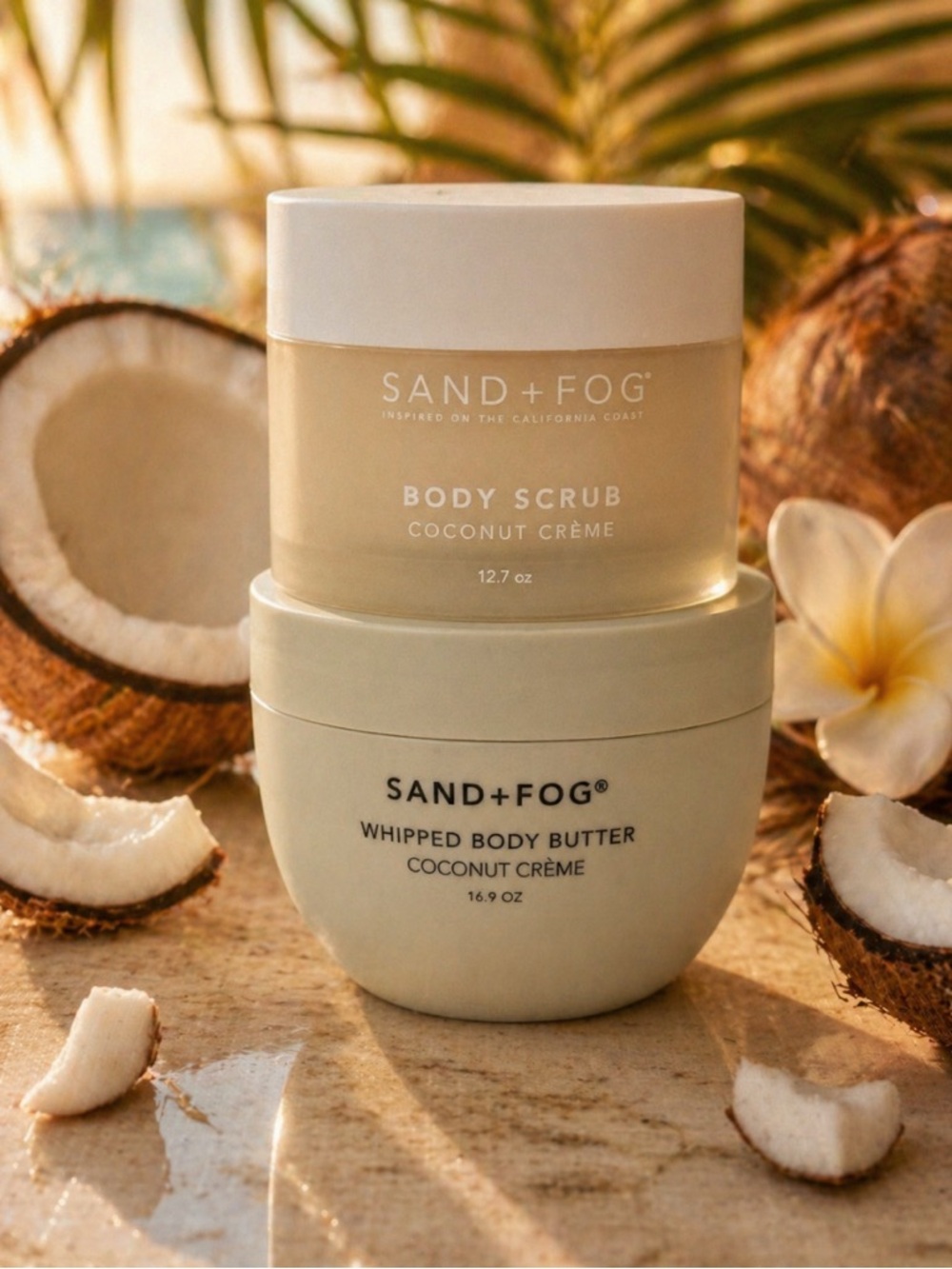 SAND+FOG Coconut Crème Body Scrub JUMBO 12.7 oz & Whipped Body Butter JUMBO 16.9
